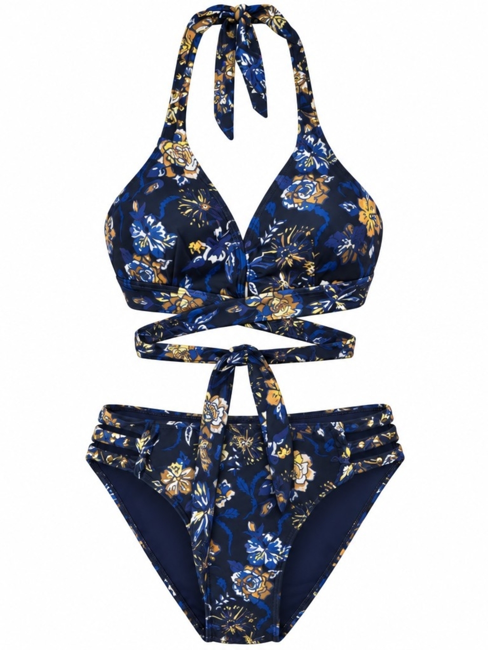 Floral Halter Wrap Bikini Set in Navy Blue